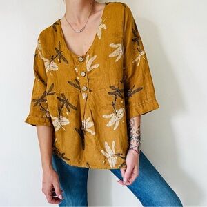 VIOLA BORGHI Linen Dragon Fly Print Pullover 3/4 Sleeve Top Italy Women’s S BOHO